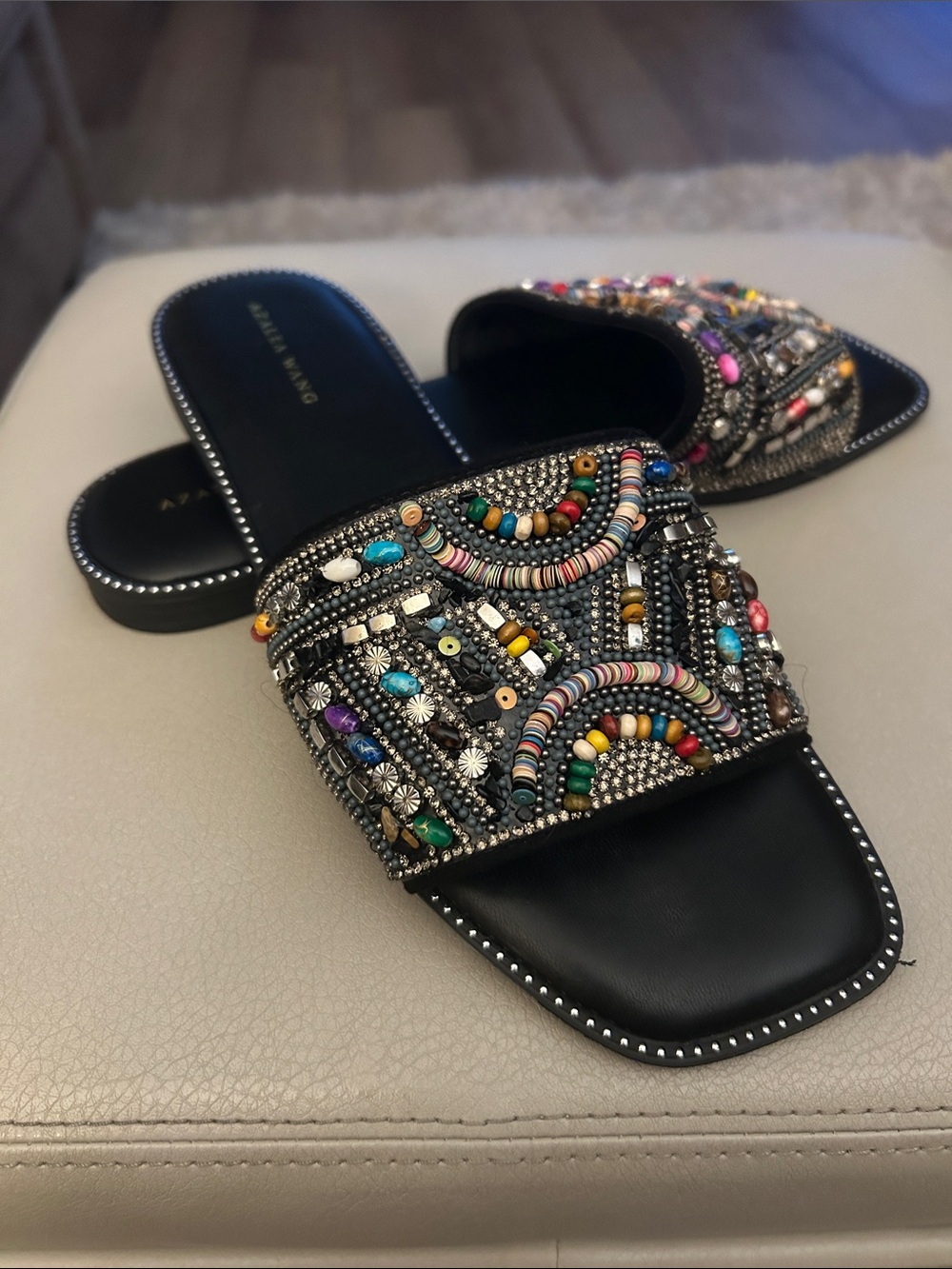 Embellished Black Slide Sandals with Multicolor Beadwork
